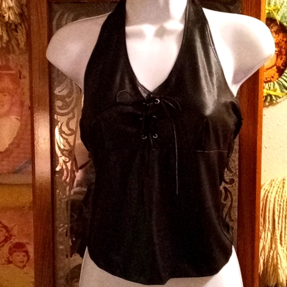 Vintage 90s, Black, Faux Leather, Halter Top with Lace Up Tie Front Detail🖤💥🖤